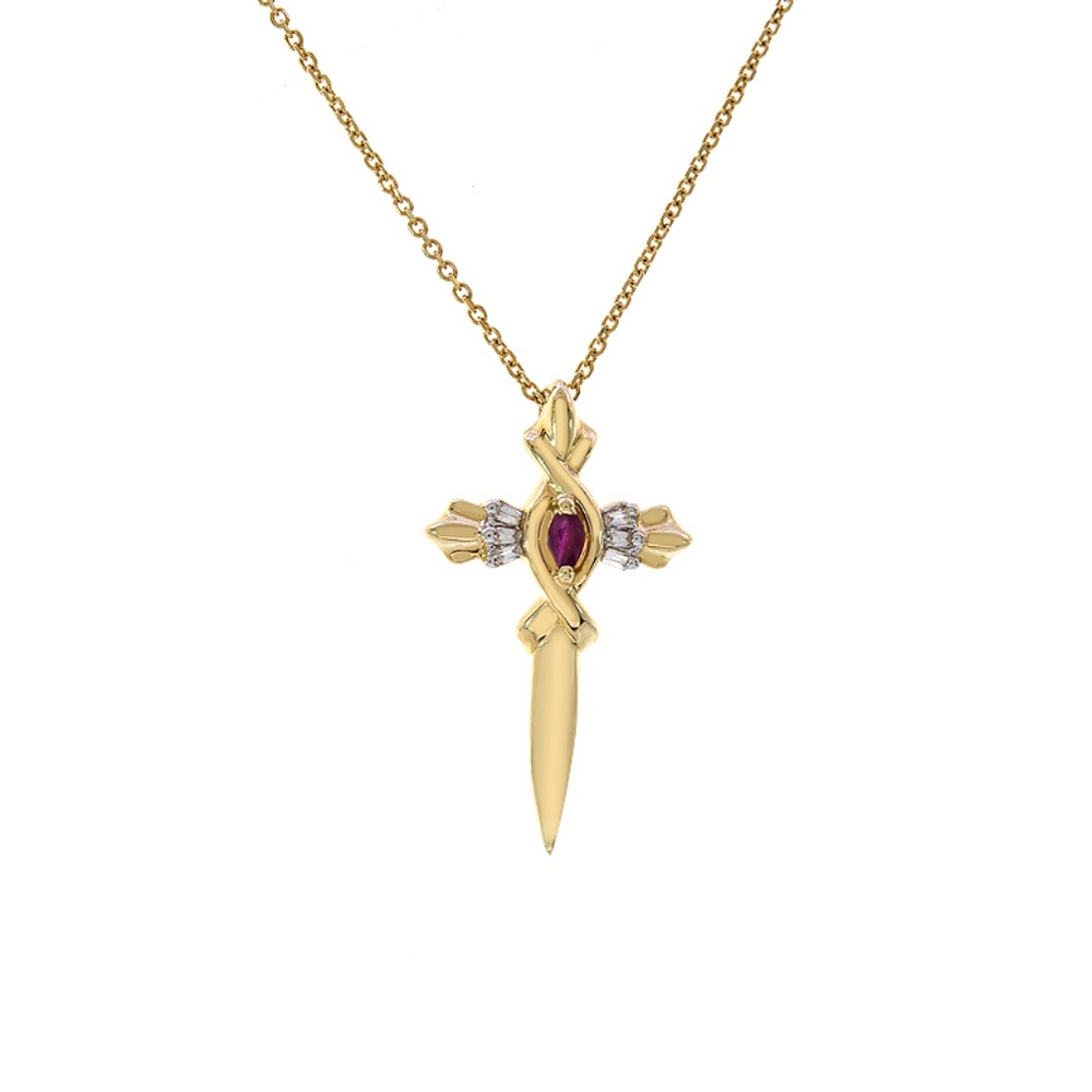 0.10 Ct Ruby & 0.10 Ct Diamond Cross With Chain 14K